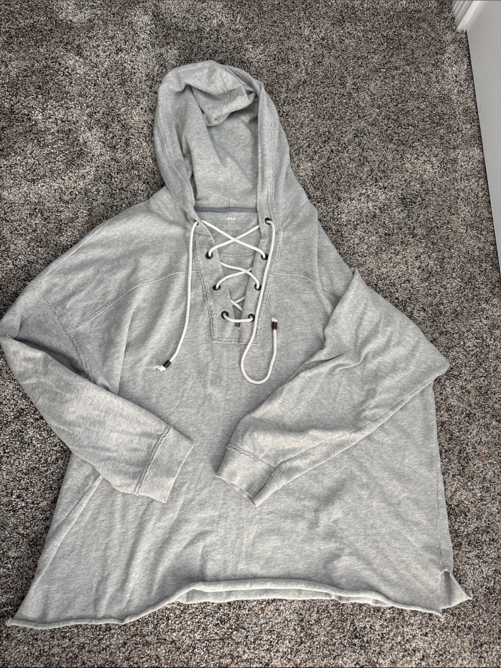 aerie Light Gray Lace-Up V-Neck Hooded Sweater